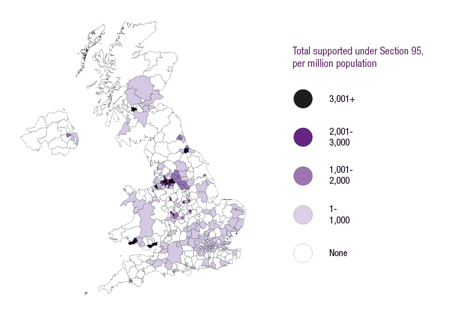 This map shows the number of asylum seekers in receipt of Section 95 support, by local authority, per million population, as at end of March 2016.