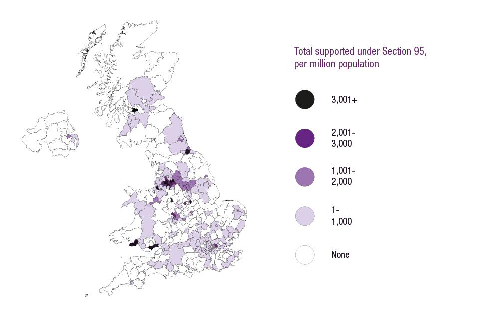This map shows the number of asylum seekers in receipt of Section 95 support, by local authority, per million population, as at end of September 2016.