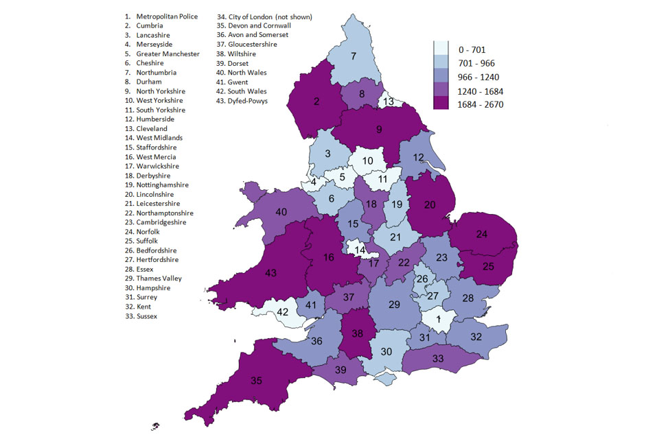 The chart shows the number of firearms per 100,000 people in a heat map as at 31 March 2017, England and Wales. The data are available in Table 2.