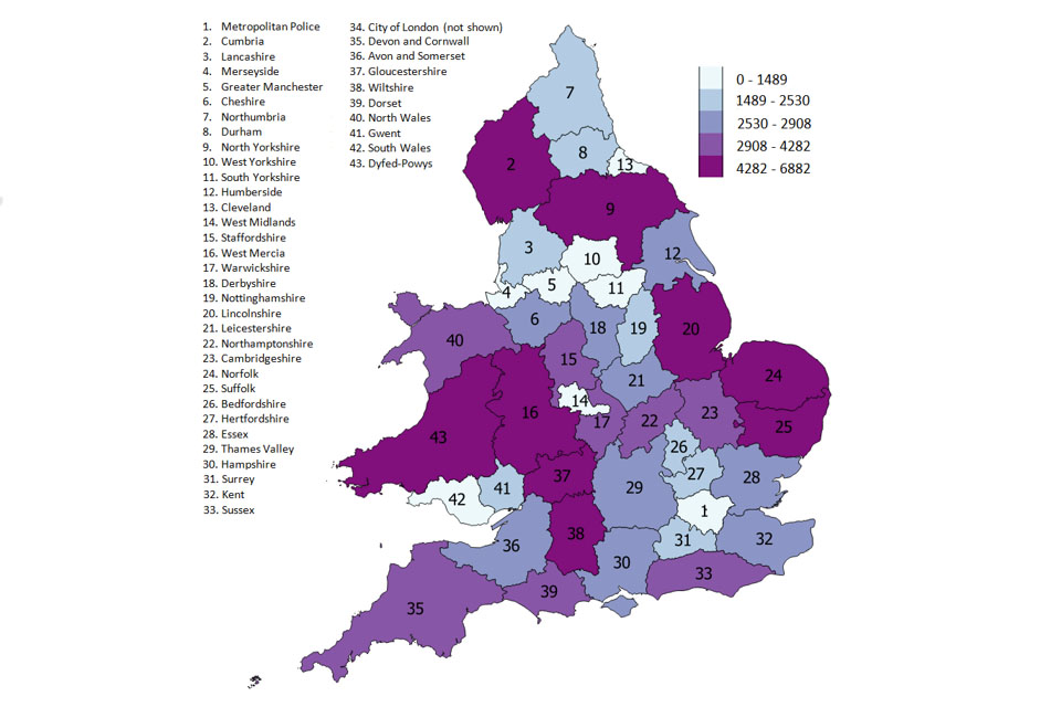 The chart shows the number of shotguns per 100,000 people in a heat map as at 31 March 2017, England and Wales. The data are available in Table 4.
