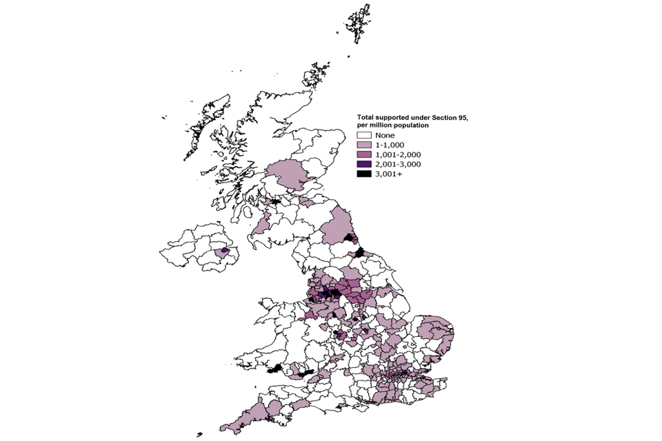 The chart shows the number of people per million of the population in receipt of Section 95 support, by local authority, as at the end of June 2019.