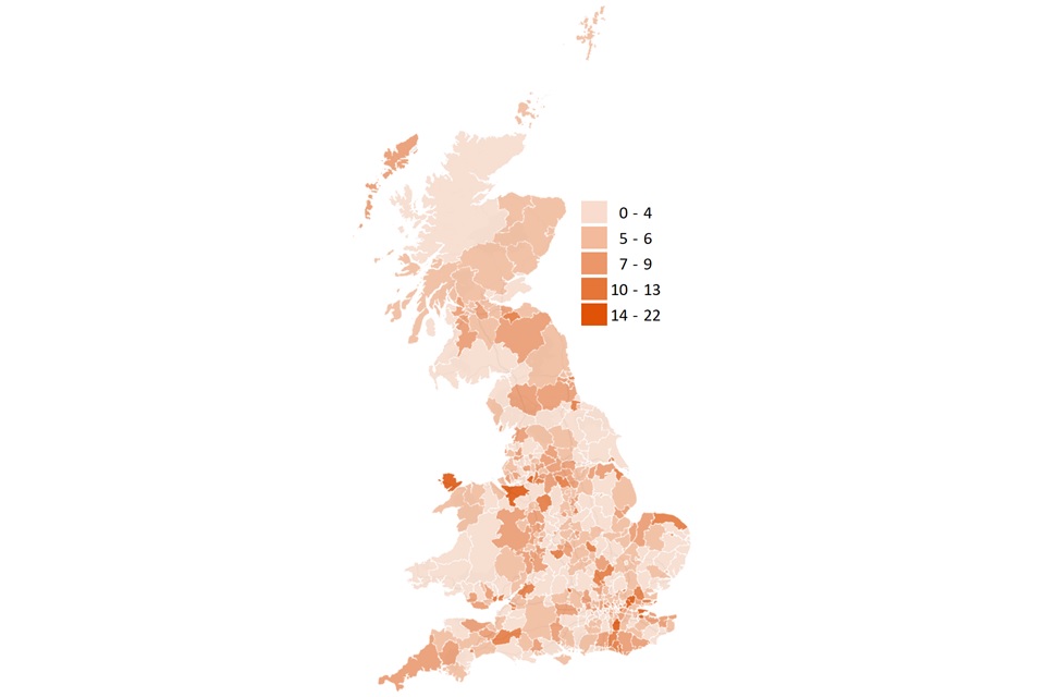 A map showing the average number of days to process Change of Circumstance Claims across Local Authorities in Great Britain. Darker areas represent Local Authorities with higher number of average processing days