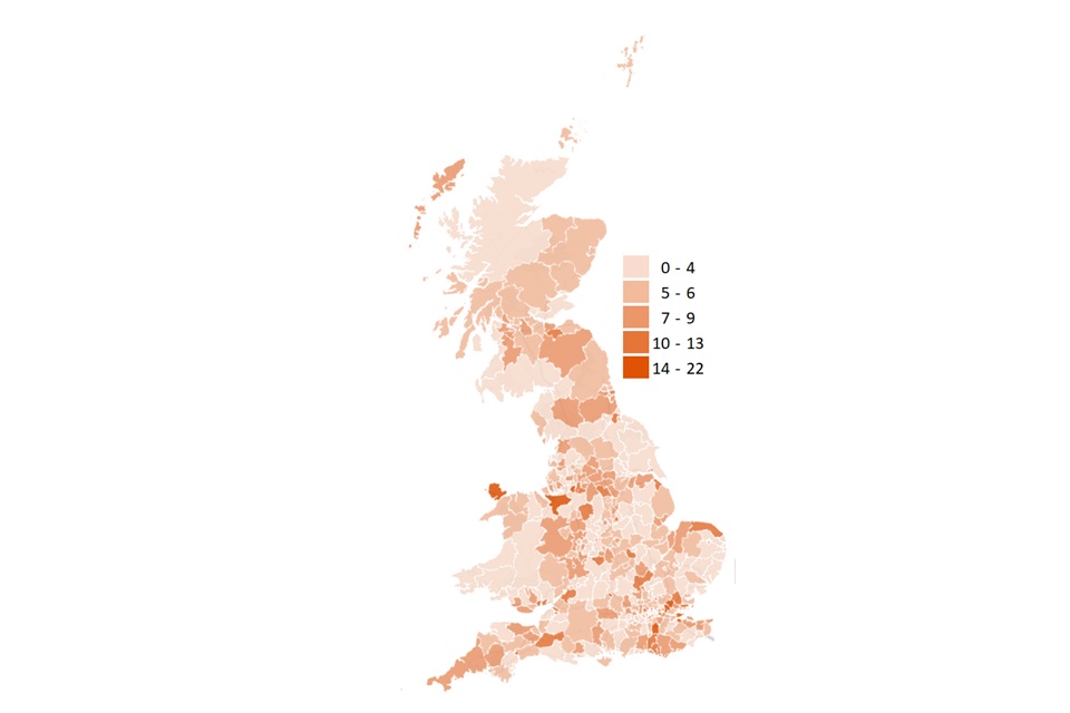 A map showing the average number of days to process Change of Circumstance to existing HB Claims across Local Authorities in Great Britain. Darker areas represent Local Authorities with higher number of average processing days