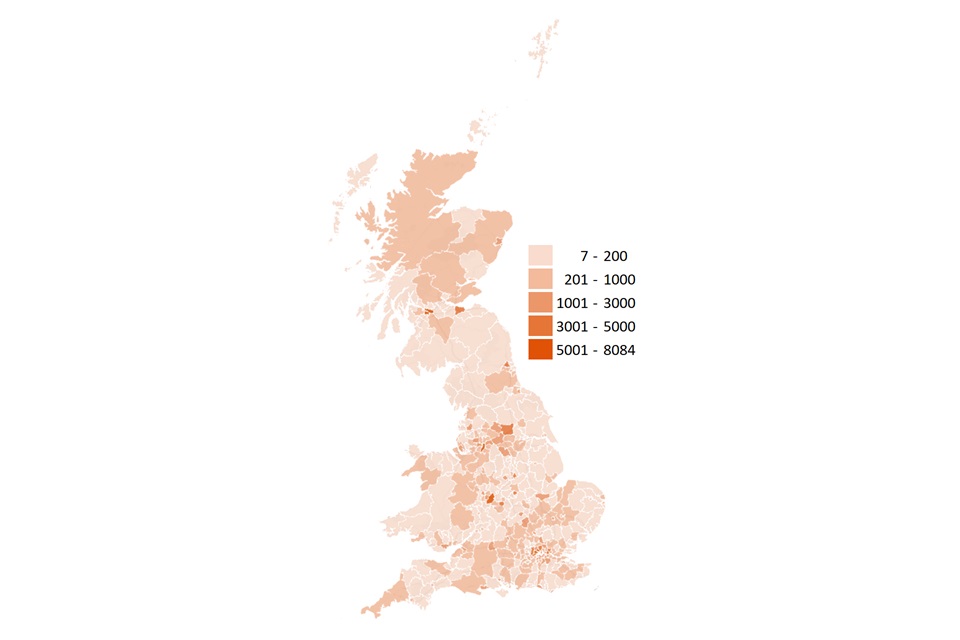 Most registrations are shown to be in London, and other large urban areas