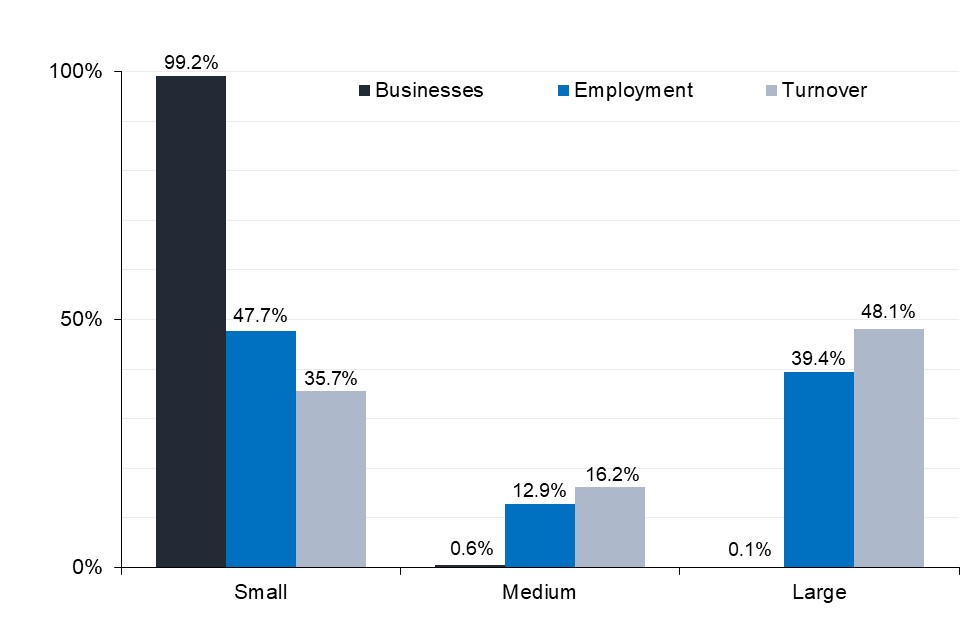 Small businesses account for over 99.9% of businesses, whilst accounting for nearly half of employment and over a third of turnover