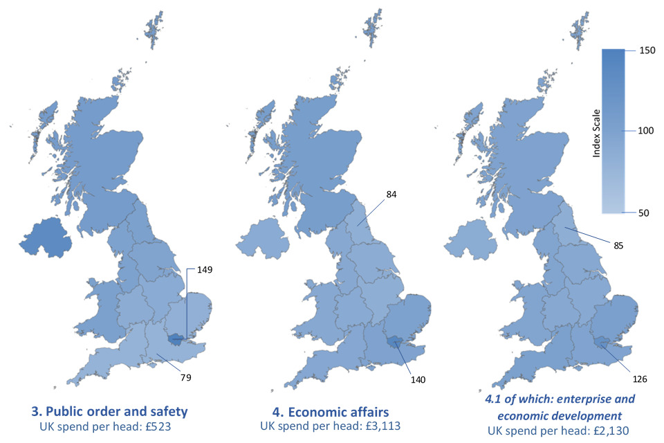 Maps based on Table A.16: UK identifiable expenditure by function, per head, indexed, 2020-21